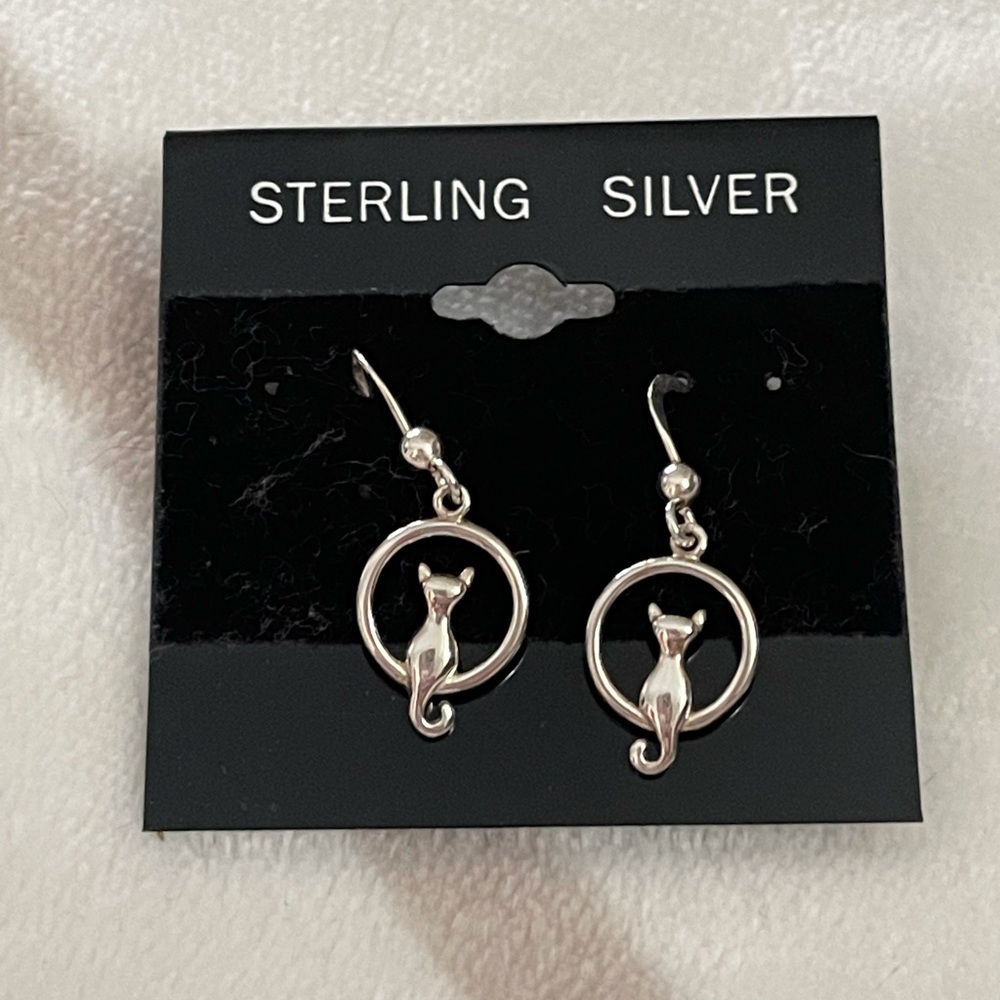 Sterling silver cat dangle earrings